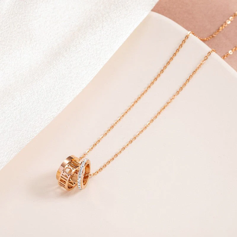 Rose Gold Roman Numeral Triple Ring Necklace - Image 2