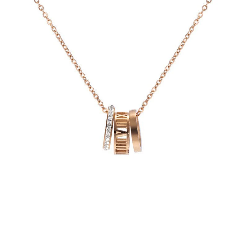 Rose Gold Roman Numeral Triple Ring Necklace - Image 4
