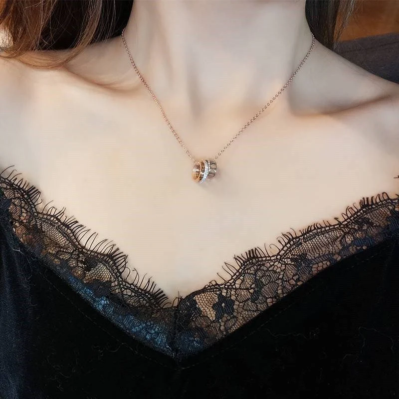 Rose Gold Roman Numeral Triple Ring Necklace - Image 5